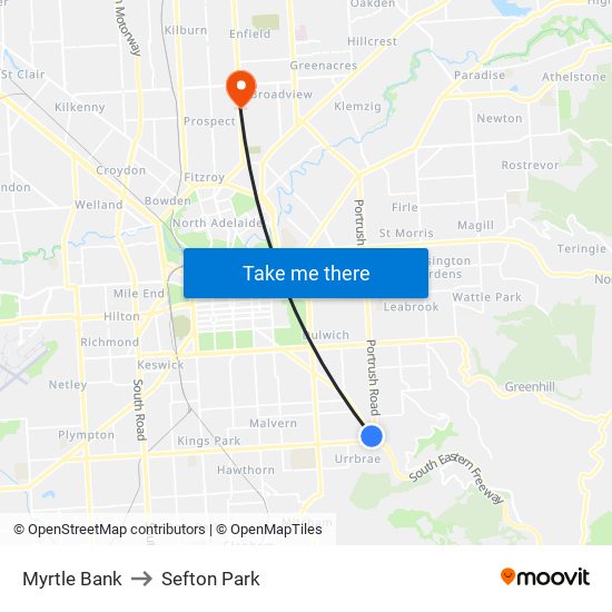 Myrtle Bank to Sefton Park map