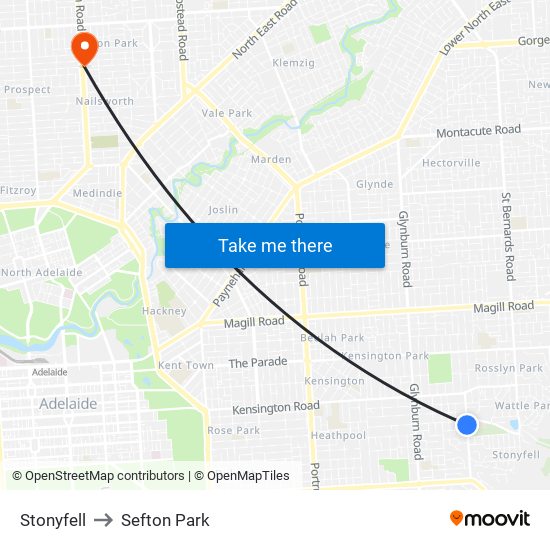 Stonyfell to Sefton Park map