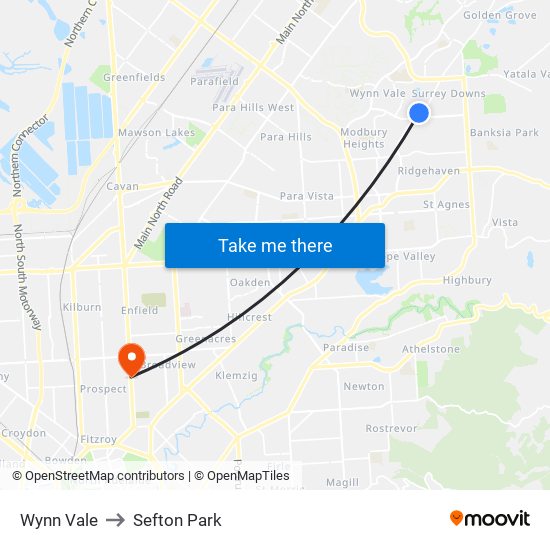 Wynn Vale to Sefton Park map