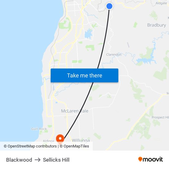 Blackwood to Sellicks Hill map