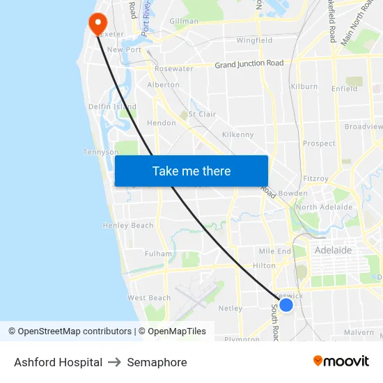 Ashford Hospital to Semaphore map