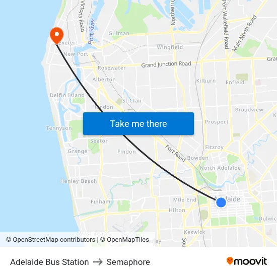 Adelaide Bus Station to Semaphore map