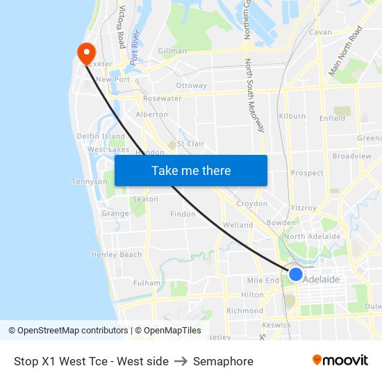 Stop X1 West Tce - West side to Semaphore map