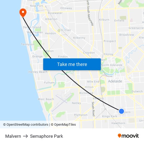Malvern to Semaphore Park map