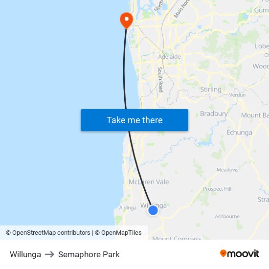 Willunga to Semaphore Park map