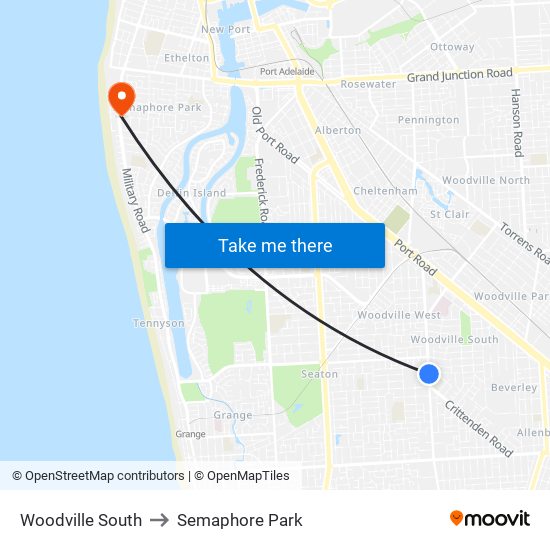 Woodville South to Semaphore Park map