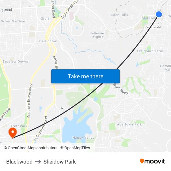 Blackwood to Sheidow Park map