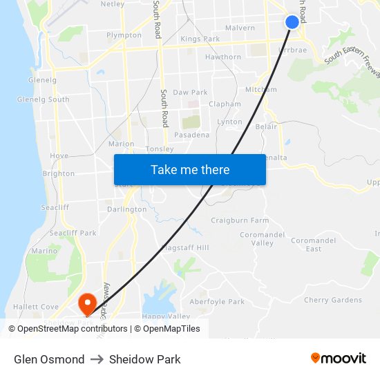 Glen Osmond to Sheidow Park map