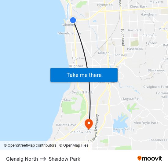 Glenelg North to Sheidow Park map