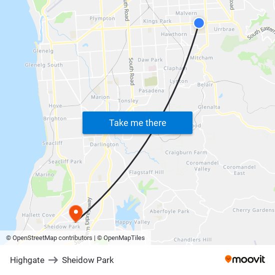 Highgate to Sheidow Park map