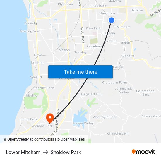 Lower Mitcham to Sheidow Park map