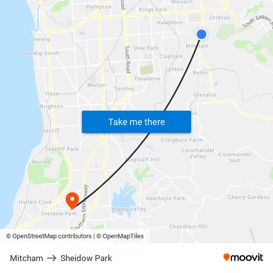 Mitcham to Sheidow Park map