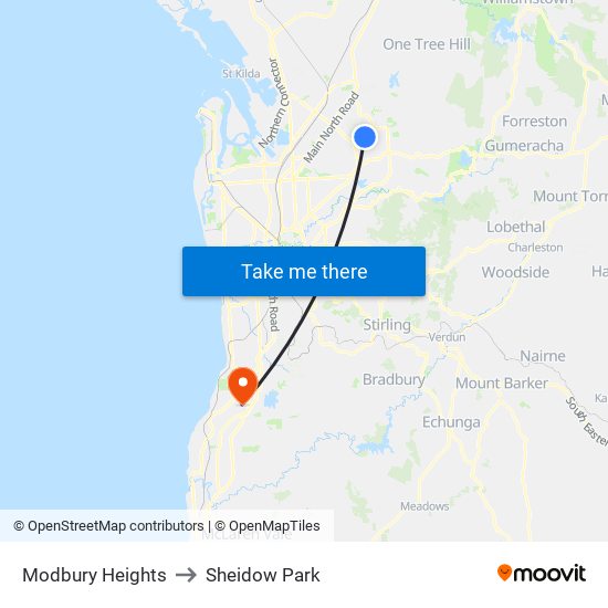 Modbury Heights to Sheidow Park map