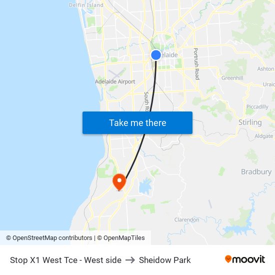 Stop X1 West Tce - West side to Sheidow Park map