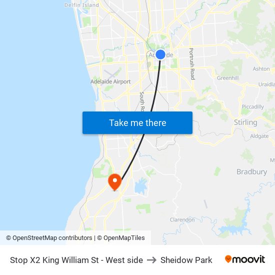 Stop X2 King William St - West side to Sheidow Park map