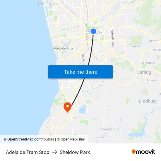 Adelaide Tram Stop to Sheidow Park map