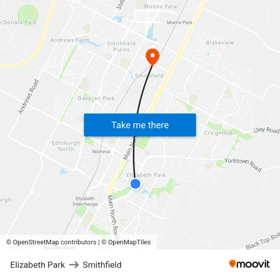 Elizabeth Park to Smithfield map
