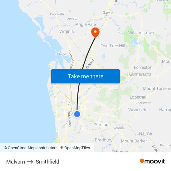 Malvern to Smithfield map