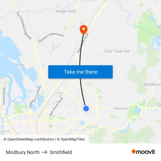 Modbury North to Smithfield map