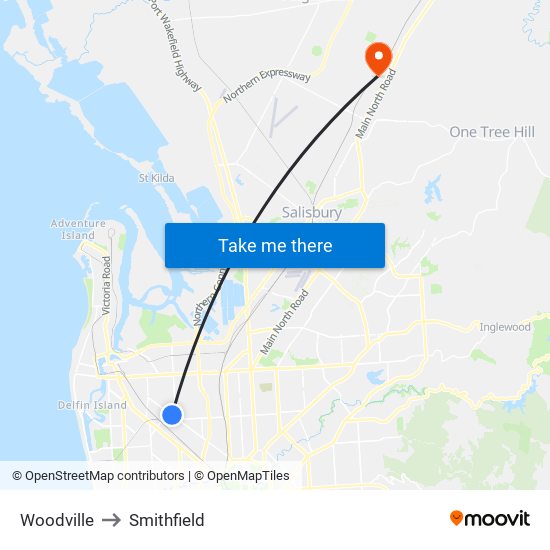 Woodville to Smithfield map