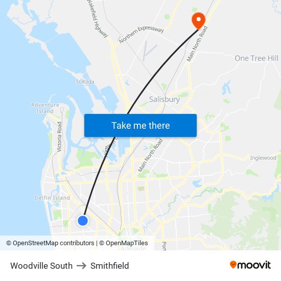 Woodville South to Smithfield map