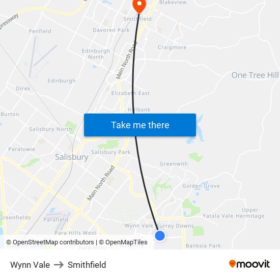 Wynn Vale to Smithfield map