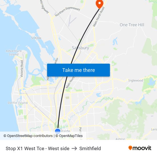 Stop X1 West Tce - West side to Smithfield map