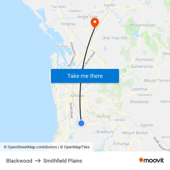 Blackwood to Smithfield Plains map