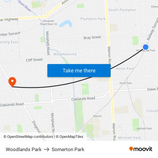 Woodlands Park to Somerton Park map