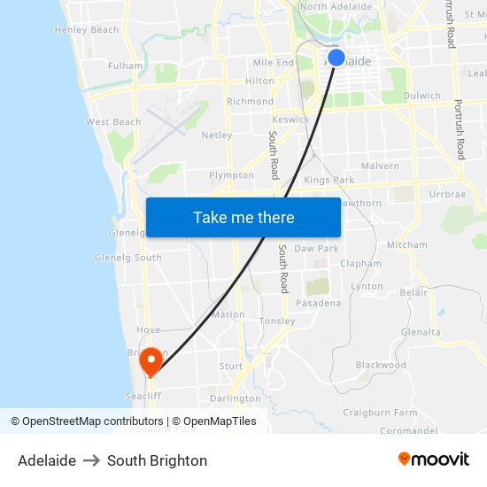 Adelaide to South Brighton map