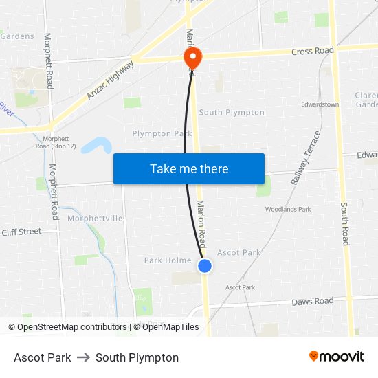 Ascot Park to South Plympton map