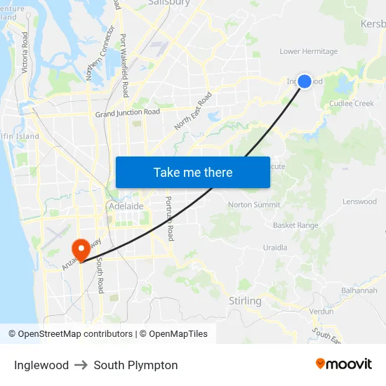 Inglewood to South Plympton map