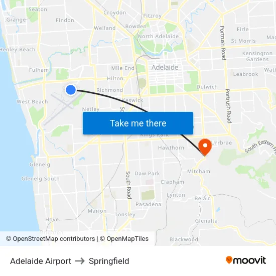 Adelaide Airport to Springfield map