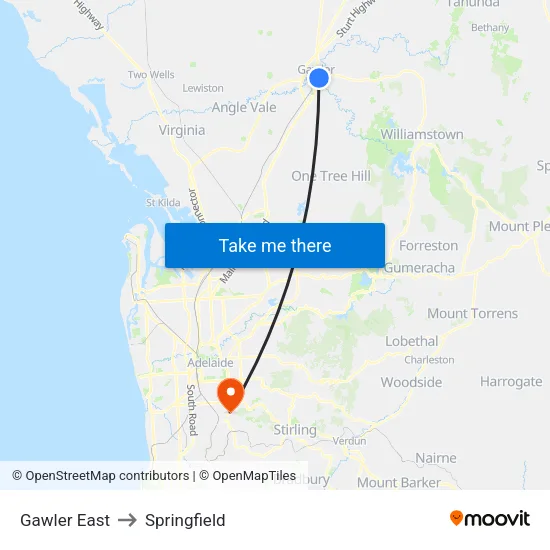 Gawler East to Springfield map