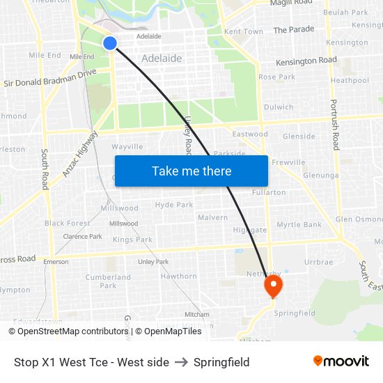 Stop X1 West Tce - West side to Springfield map