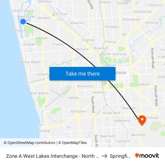 Zone A West Lakes Interchange - North side to Springfield map