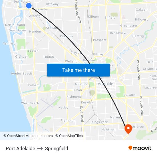 Port Adelaide to Springfield map