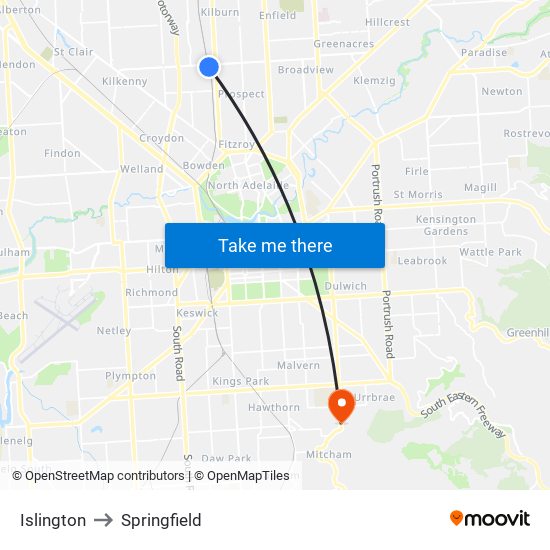 Islington to Springfield map