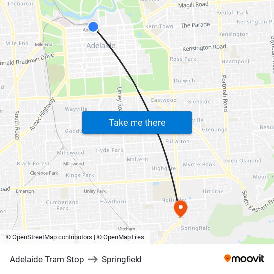Adelaide Tram Stop to Springfield map