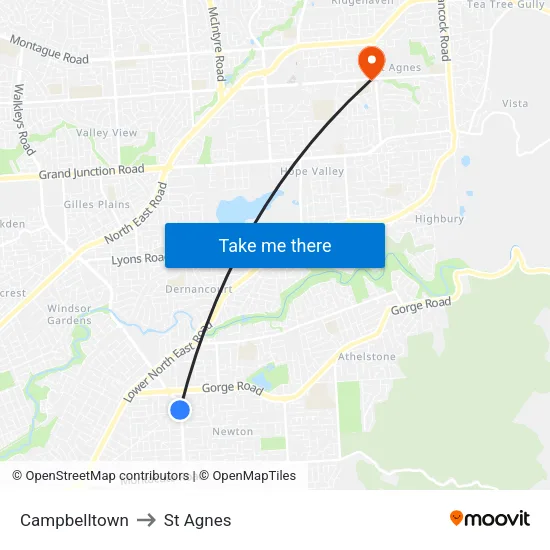 Campbelltown to St Agnes map
