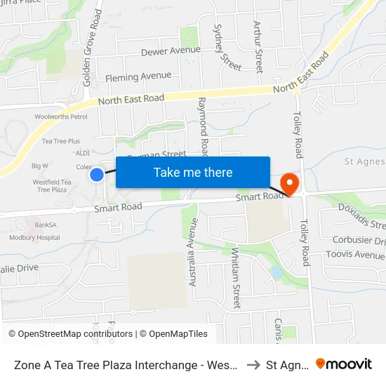 Zone A Tea Tree Plaza Interchange - West side to St Agnes map