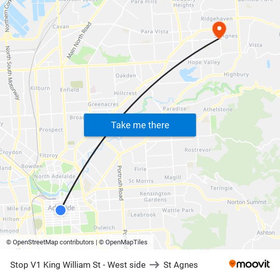 Stop V1 King William St - West side to St Agnes map