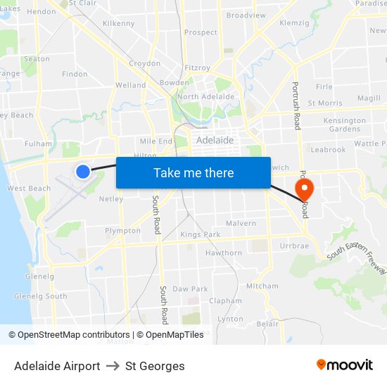 Adelaide Airport to St Georges map
