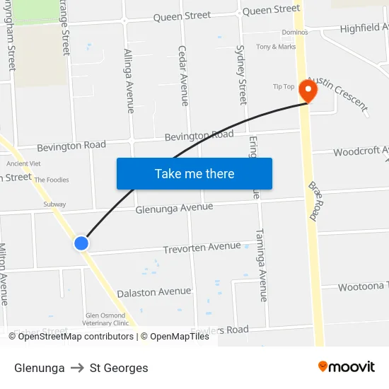 Glenunga to St Georges map