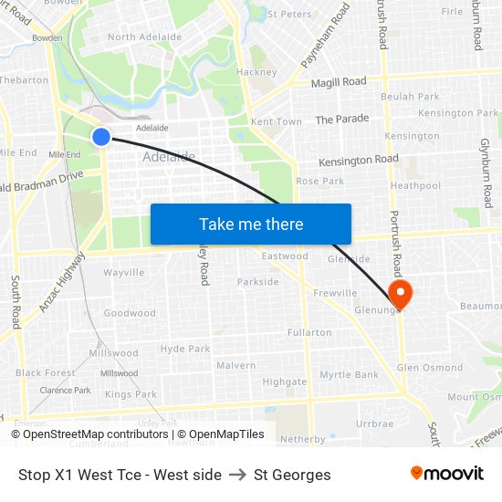 Stop X1 West Tce - West side to St Georges map