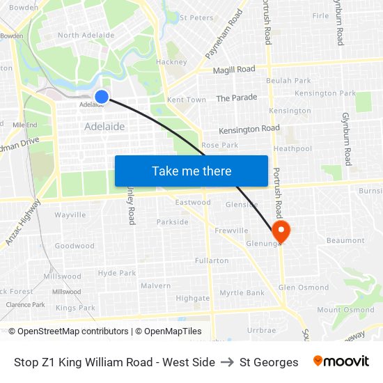 Stop Z1 King William Road - West Side to St Georges map