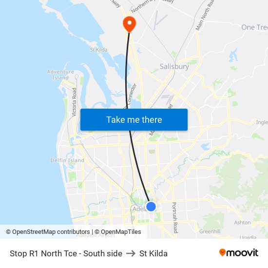 Stop R1 North Tce - South side to St Kilda map