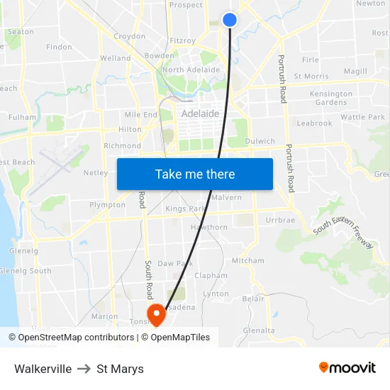 Walkerville to St Marys map