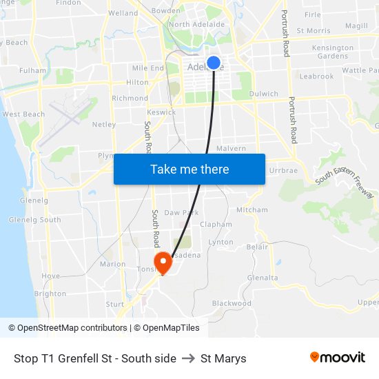 Stop T1 Grenfell St - South side to St Marys map