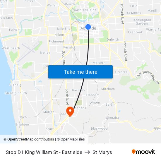 Stop D1 King William St - East side to St Marys map